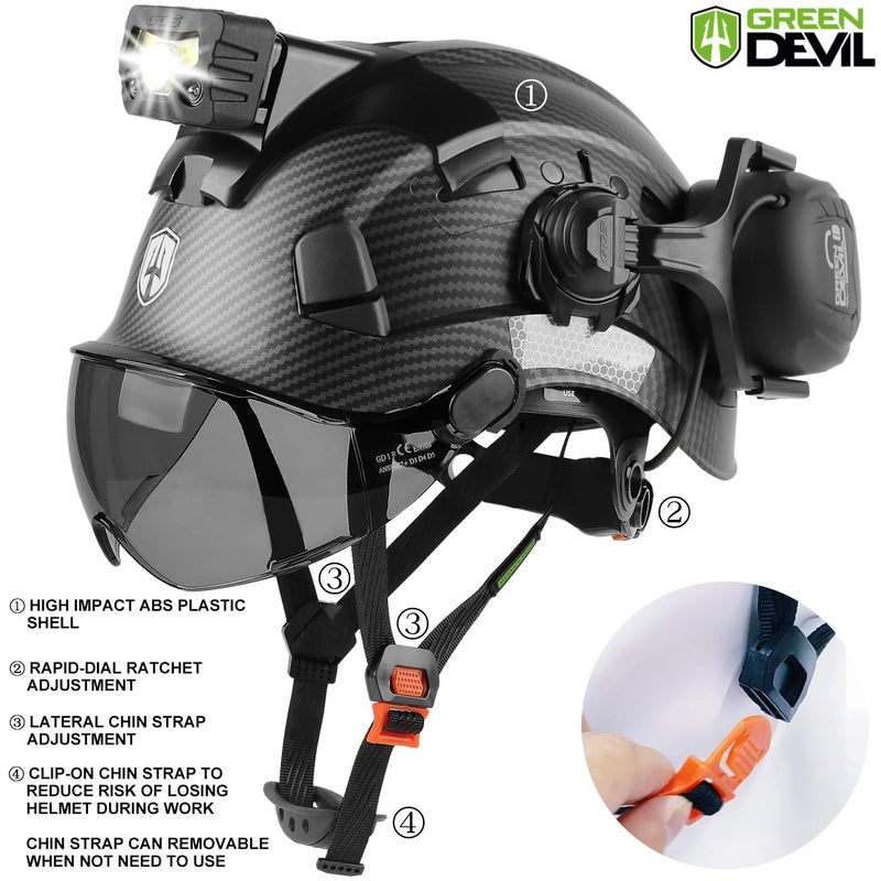 GREEN DEVIL خوذة أمان ذات قبعة صلبة من GREEN DEVIL مع قناع واقي أذن بلوتوث ومصباح أمامي 5 في 1 حماية كاملة بفتحات تهوية للعمل Hardhat ANSI Z89.1 Cascos De Construccion لغابات البناء الصناعية - Image 5